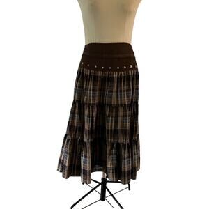 Vtg Y2K 2000s Brown Plaid Faux Suede Tiered Maxi Skirt Plus Sz 16 Fairy Grunge